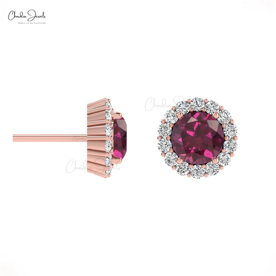 Genuine Rhodolite Garnet 4mm Round Gemstone Halo Earrings 14k Solid Gold G-H Diamond Studs For Her