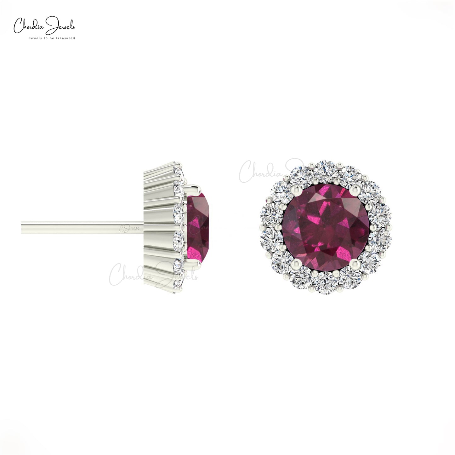 Genuine Rhodolite Garnet 4mm Round Gemstone Halo Earrings 14k Solid Gold G-H Diamond Studs For Her