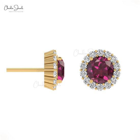 Genuine Rhodolite Garnet 4mm Round Gemstone Halo Earrings 14k Solid Gold G-H Diamond Studs For Her