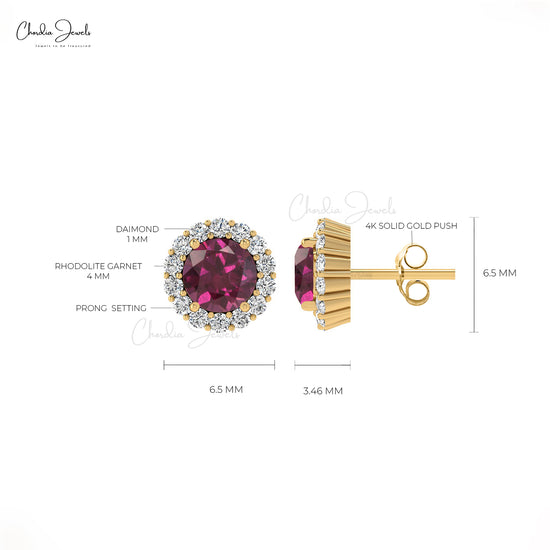 Genuine Rhodolite Garnet 4mm Round Gemstone Halo Earrings 14k Solid Gold G-H Diamond Studs For Her