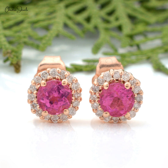 Genuine Pink Tourmaline 4mm Round Cut Gemstone Stud Earrings 14k Solid Rose Gold White Diamond Earrings For Women's