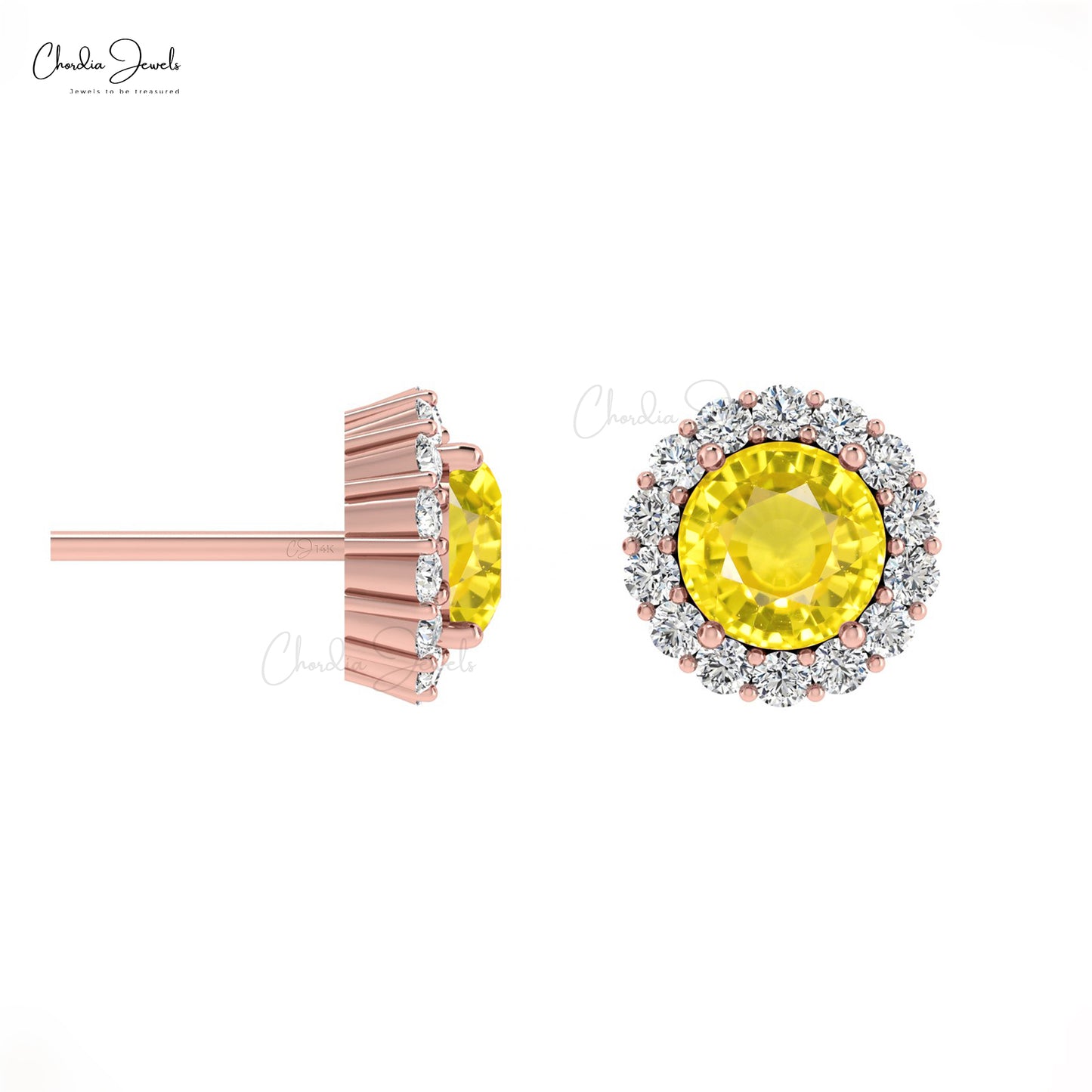 Genuine Yellow Sapphire 4mm Brilliant Round Cut Dainty Studs 14k Solid Gold White Diamond Halo Earrings  For Wedding Gift