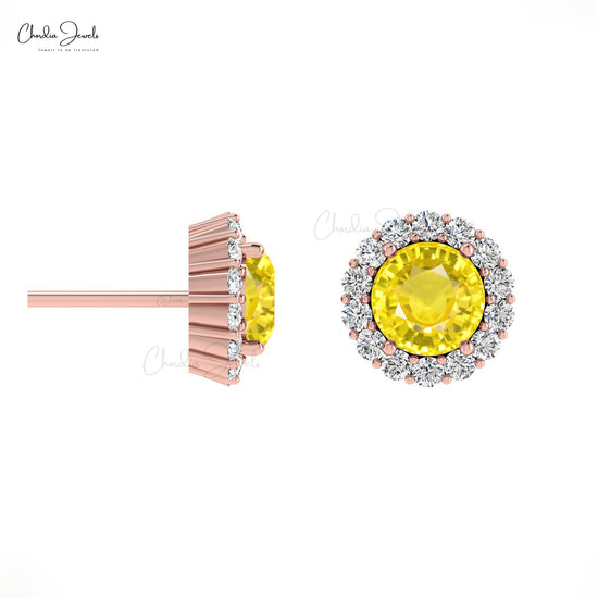 Genuine Yellow Sapphire 4mm Brilliant Round Cut Dainty Studs 14k Solid Gold White Diamond Halo Earrings  For Wedding Gift