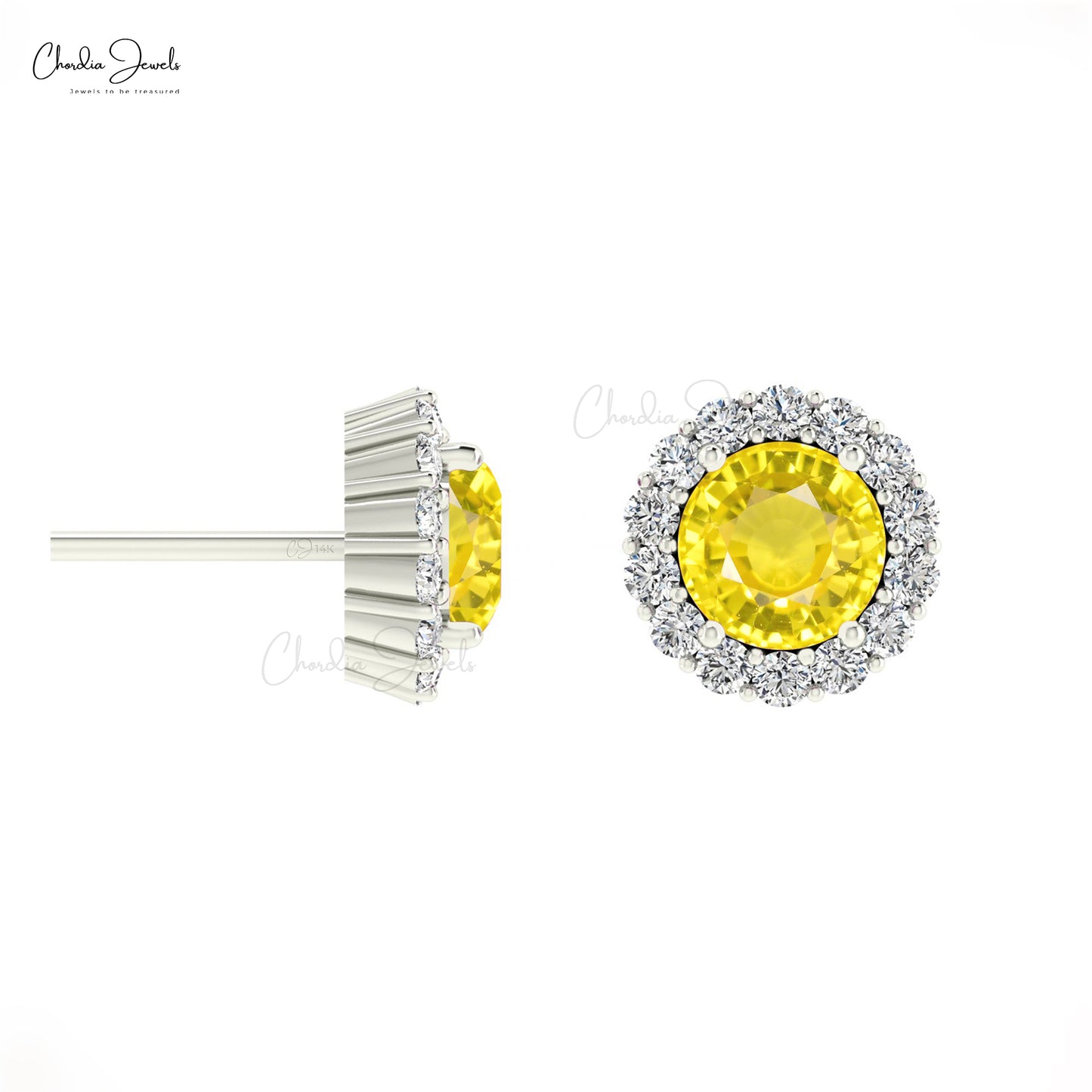 Genuine Yellow Sapphire 4mm Brilliant Round Cut Dainty Studs 14k Solid Gold White Diamond Halo Earrings  For Wedding Gift