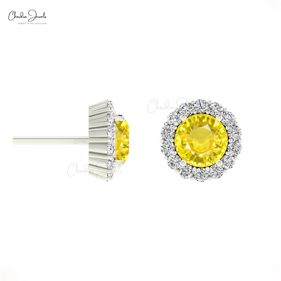 Genuine Yellow Sapphire 4mm Brilliant Round Cut Dainty Studs 14k Solid Gold White Diamond Halo Earrings  For Wedding Gift