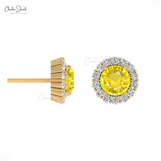 Genuine Yellow Sapphire 4mm Brilliant Round Cut Dainty Studs 14k Solid Gold White Diamond Halo Earrings  For Wedding Gift
