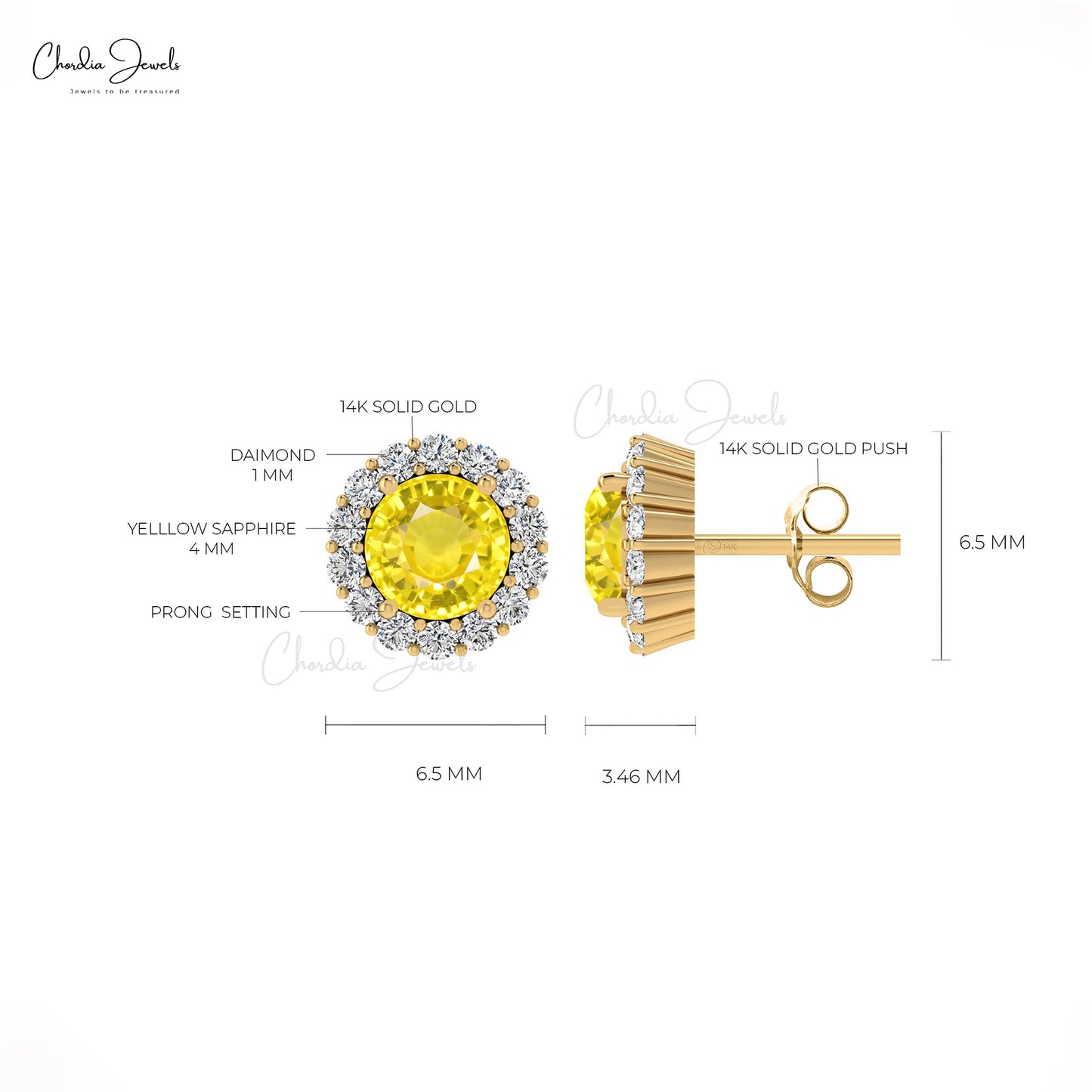 Genuine Yellow Sapphire 4mm Brilliant Round Cut Dainty Studs 14k Solid Gold White Diamond Halo Earrings  For Wedding Gift