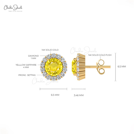 Genuine Yellow Sapphire 4mm Brilliant Round Cut Dainty Studs 14k Solid Gold White Diamond Halo Earrings  For Wedding Gift