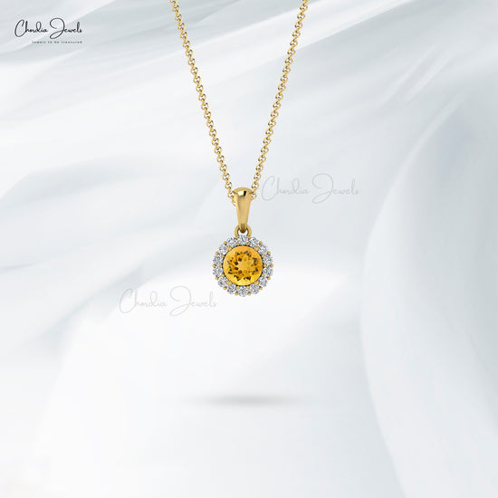 Real 14k Gold Gemstone Pendant With 4mm Pink Tourmaline And Diamond Halo Pendant