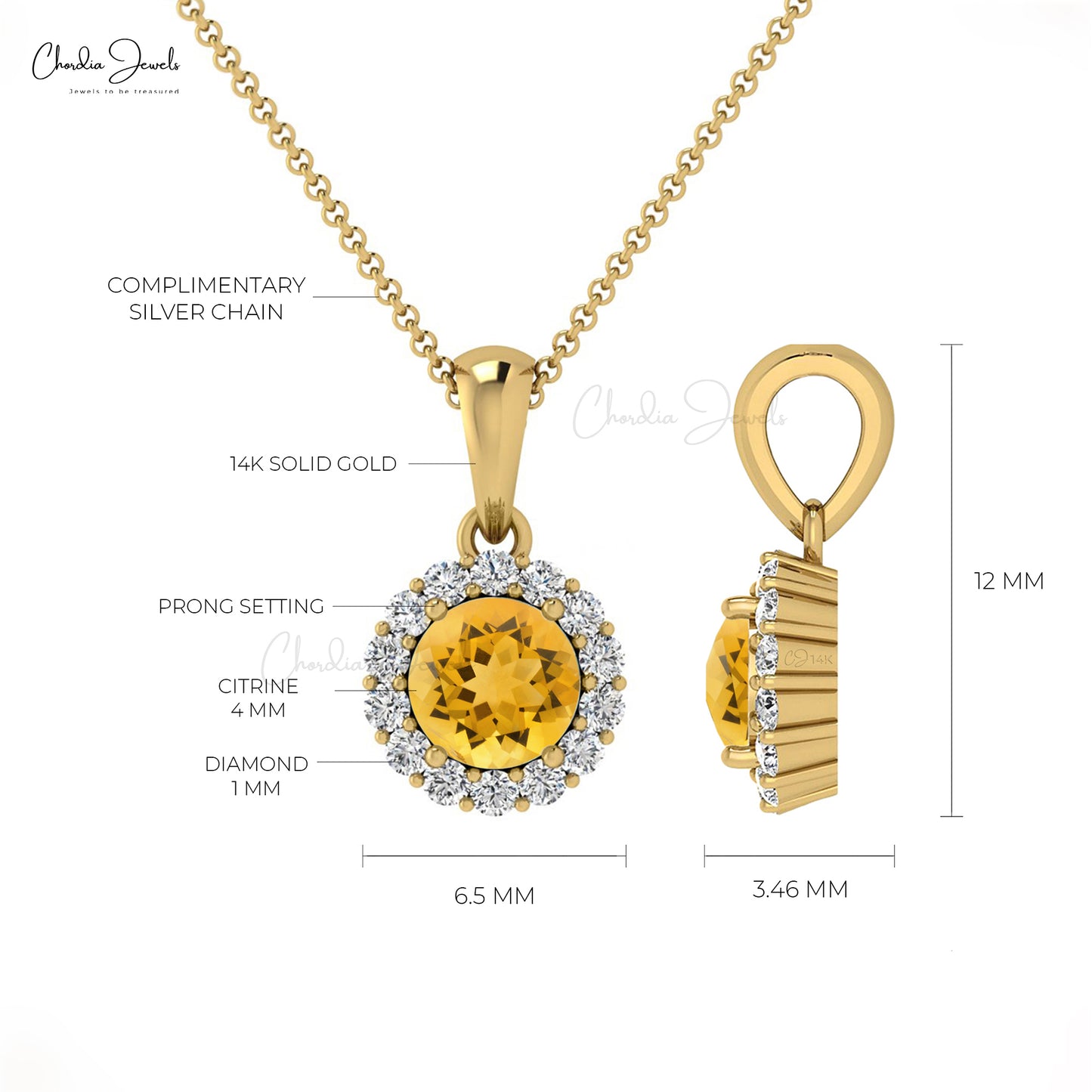 Natural Citrine Halo Pendant 14k Real Gold Diamond Handmade Pendant 4mm Round Cut Gemstone Surprise Gift Pendant For Her