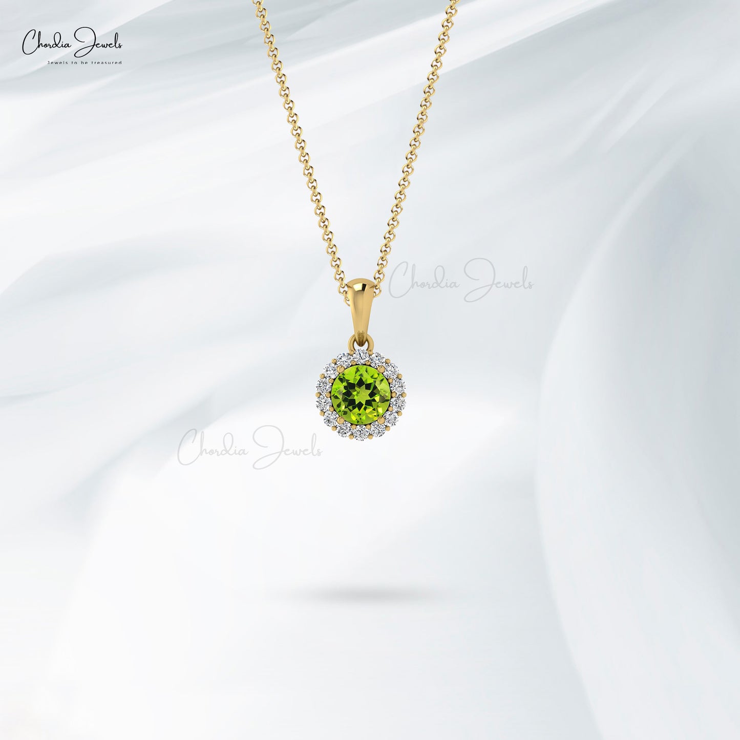 Dainty Diamond Halo Pendant With 4mm Round Peridot 14k Gold Dangle Necklace