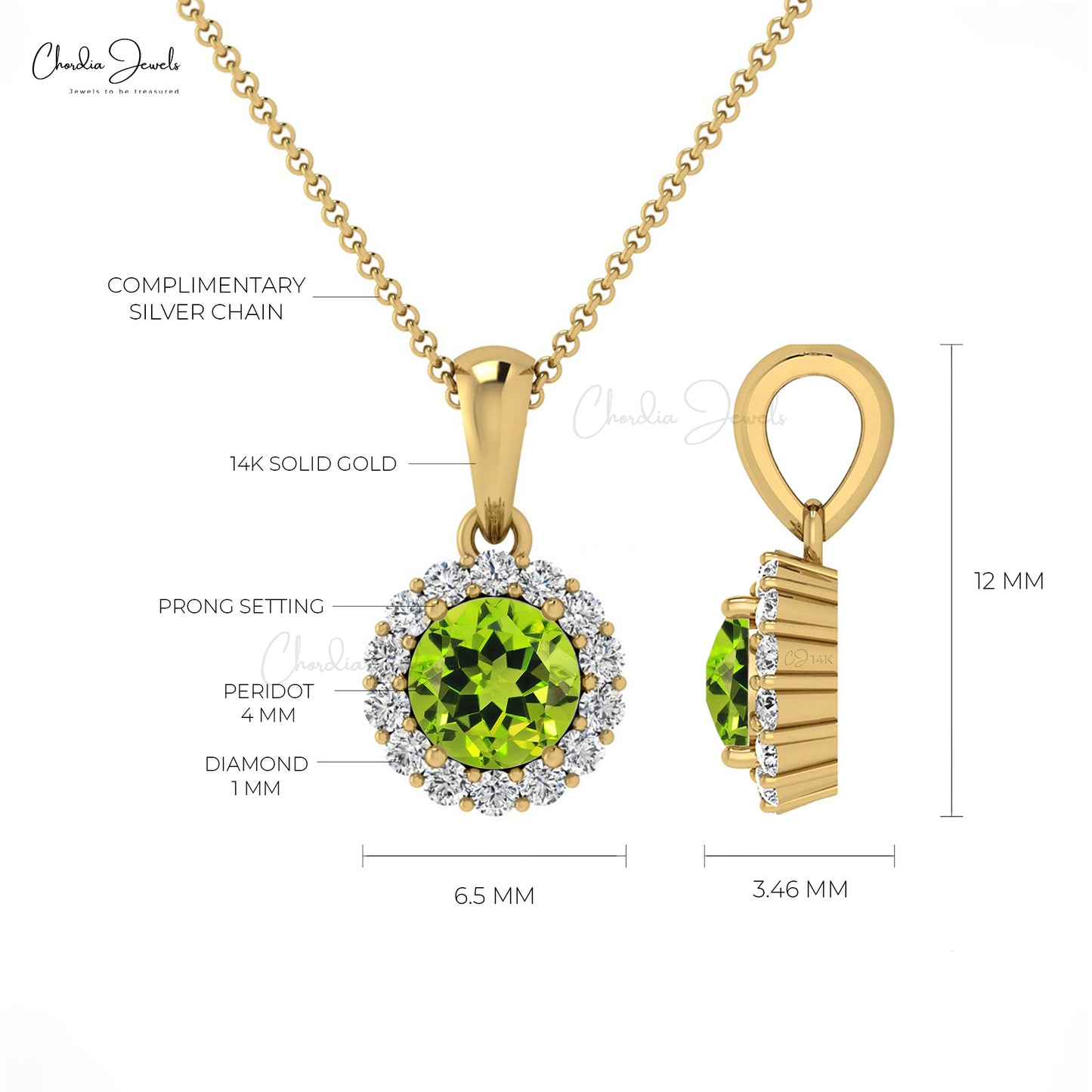 Dainty Diamond Halo Pendant With 4mm Round Peridot 14k Gold Dangle Necklace