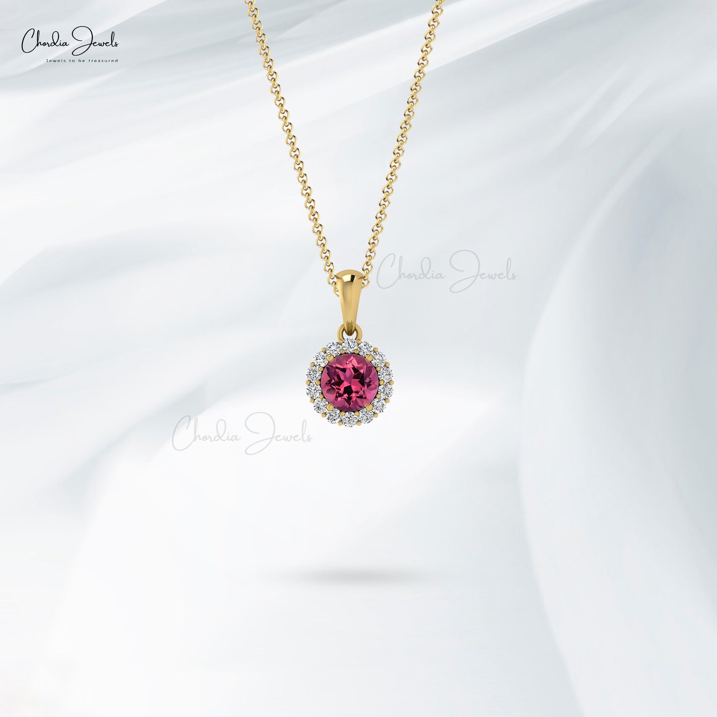 Delicate Pink Tourmaline Halo Pendant 4mm Round Gemstone Handmade Pendant Genuine 14k Real Gold Diamond Minimalist Jewelry For Her