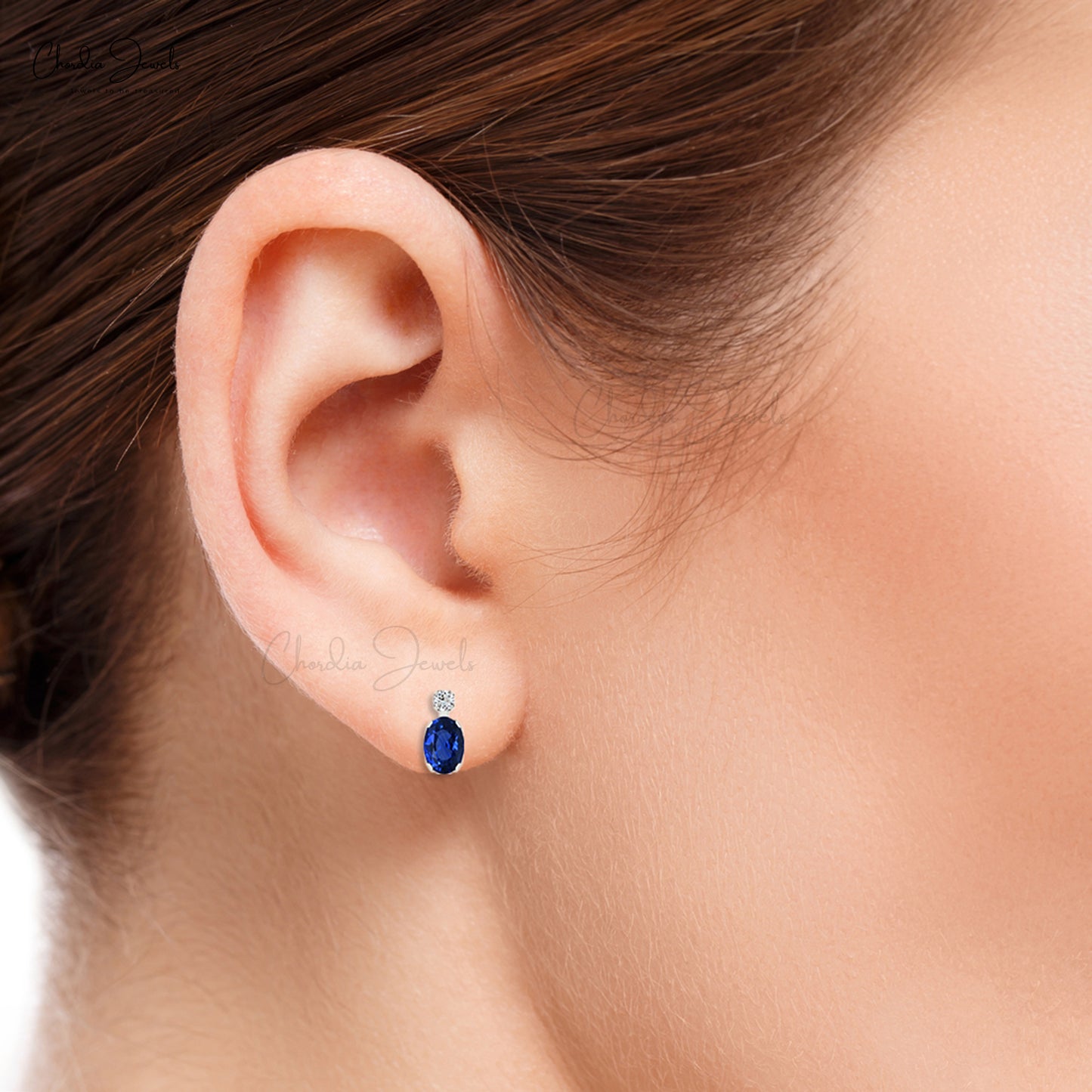 Natural Blue Sapphire 7x5mm Oval Gemstone Earrings Genuine 14k Real Gold Dainty Diamond Earrings For Graduation Gift