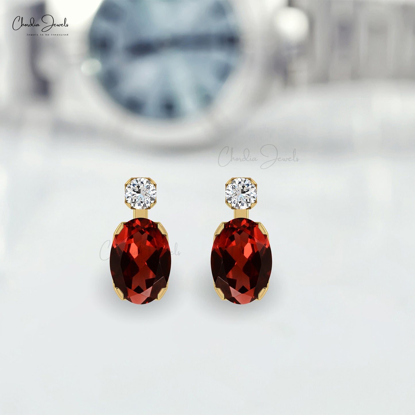 Red Garnet 7x5mm Oval Cut Stud Earrings For Gift Genuine 14k Real Gold White Diamond Grace Jewelry For Bridesmaid Gift