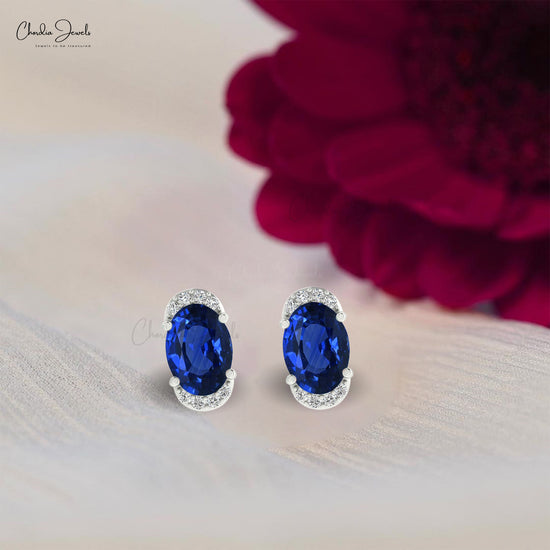 Natural Blue Sapphire Half Halo Studs 0.94Ct Oval Gemstone Handmade Earrings 14k Real Gold Certified Diamond Studs Jewelry For Gift