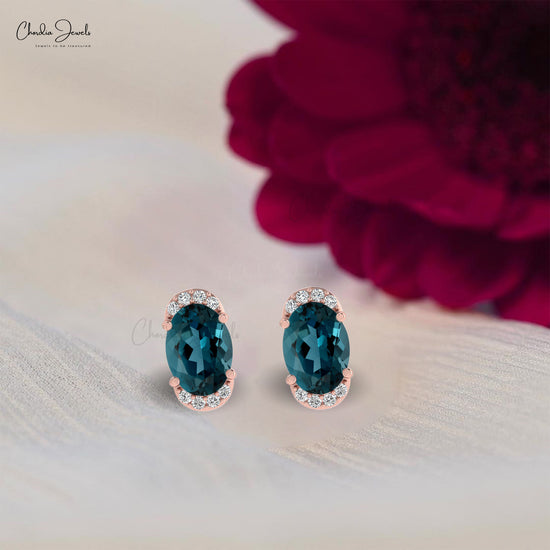 Delicate London Blue Topaz Dainty Earrings 7x5mm Oval Gemstone Minimalist Studs Genuine 14k Real Gold Diamond Pave Set Earrings For Fiance Gift