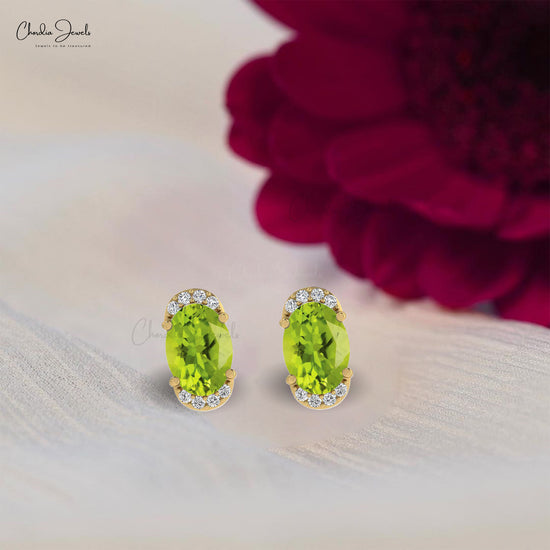 Genuine Peridot Dainty Earrings 7x5mm Oval Gemstone Half Halo Studs 14k Real Gold Diamond Antique Style Jewelry For Bridal
