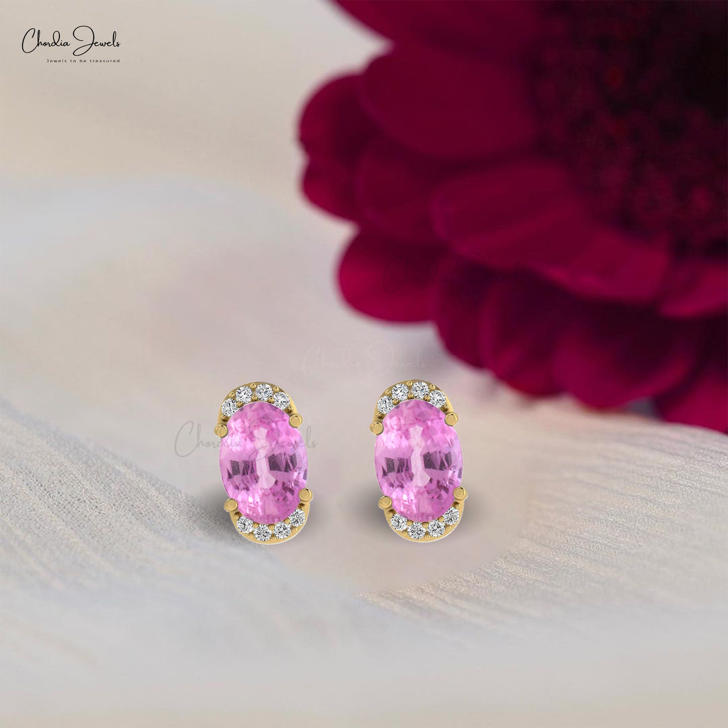 Iconic Pink Sapphire Diamond Earrings 0.94Ct Oval Gemstone Half Halo Studs Genuine 14k Real Gold Art Deco Jewelry For Anniversary Gift