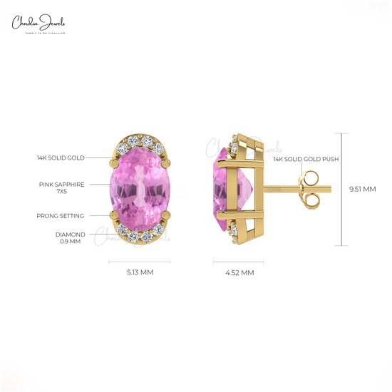 Iconic Pink Sapphire Diamond Earrings 0.94Ct Oval Gemstone Half Halo Studs Genuine 14k Real Gold Art Deco Jewelry For Anniversary Gift
