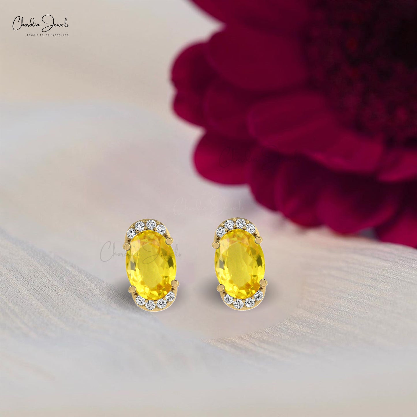 Yellow Sapphire Half Halo Studs 14k Real Gold Diamond Handmade Earrings 7x5mm Oval Cut Natural Gemstone Earrings For Birthday Gift