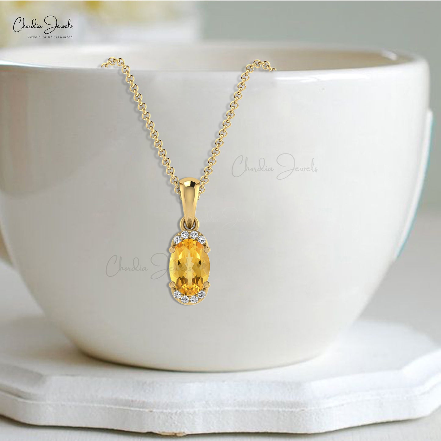 Elegant Citrine Half Halo Pendant 14k Real Gold Pave Set Diamond Pendant 7x5mm Natural Gemstone Minimalist Hallmarked Jewelry