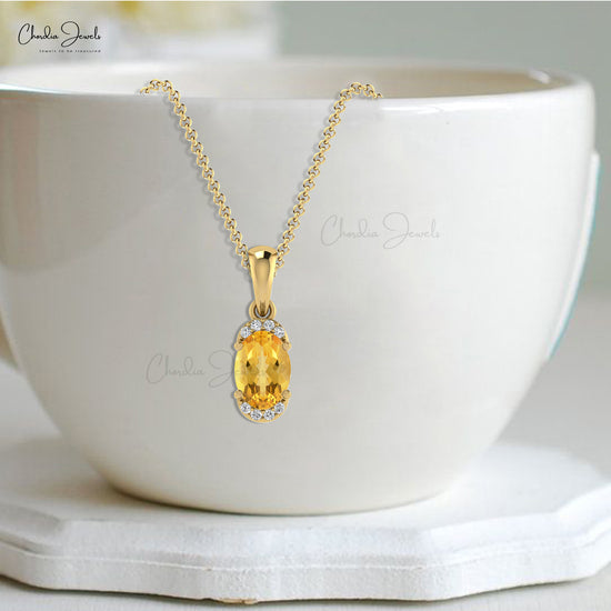 Elegant Citrine Half Halo Pendant 14k Real Gold Pave Set Diamond Pendant 7x5mm Natural Gemstone Minimalist Hallmarked Jewelry