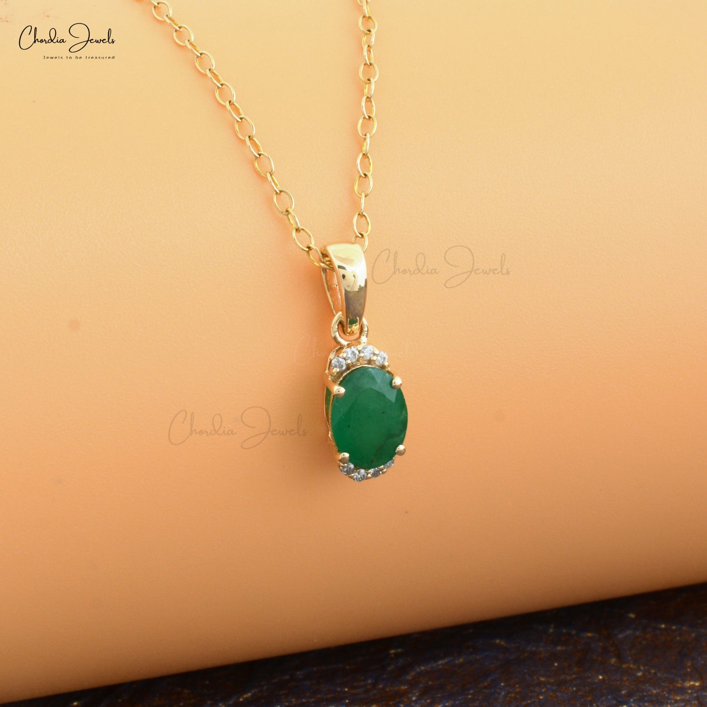 Half Halo Diamond 14k Yellow Gold Pendant Genuine Emerald Gemstone Light Weight Pendant