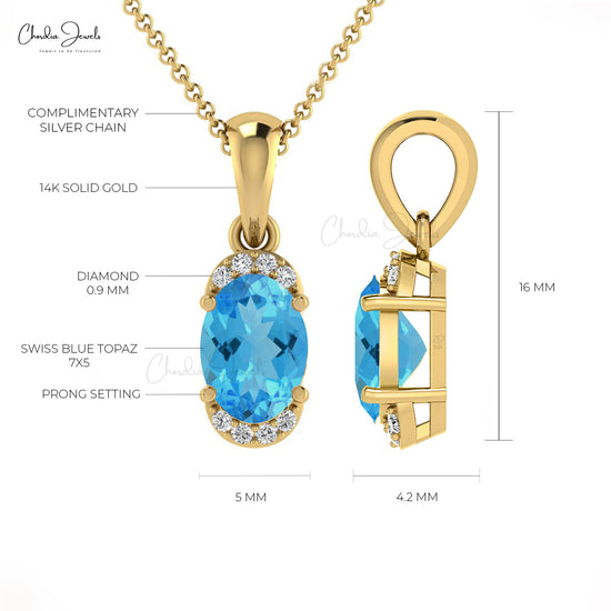 AAA Swiss Blue Topaz and Diamond Half Halo Pendant Genuine 14K Real Gold 7x5mm Oval Cut Gemstone Handmade Pendant For Women's