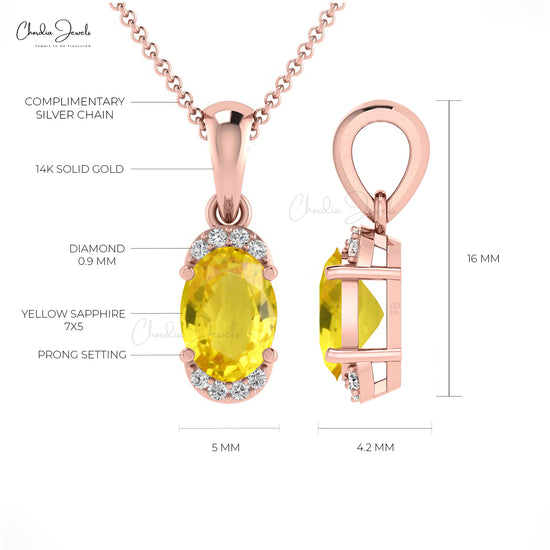 Genuine Yellow Sapphire Dainty Pendant 7x5mm Oval Gemstone Surprise Gift Pendant 14k Real Gold Diamond Half Halo Pendant For Daughter