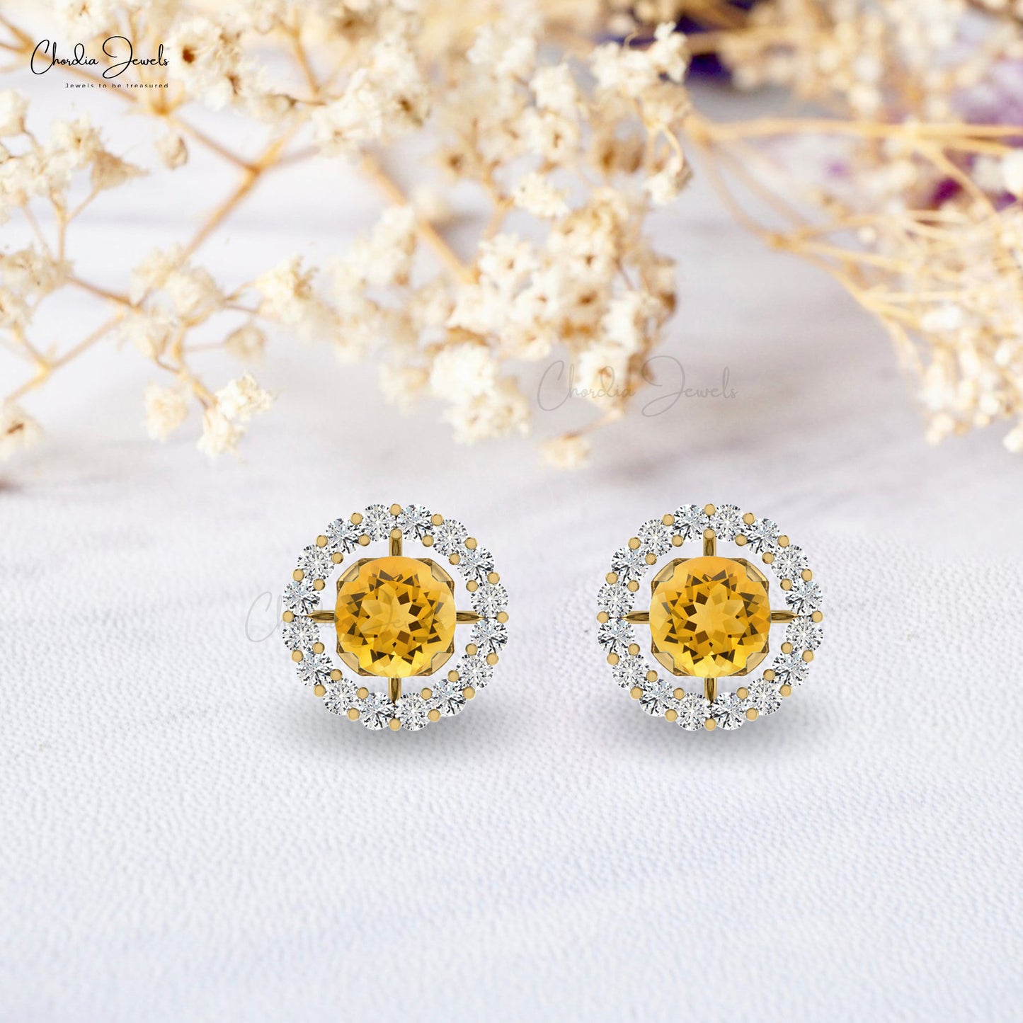 Delicate Citrine Dainty Earrings 4mm Brilliant Round Cut Gemstone Push Back Earrings Genuine 14k Real Gold Diamond Jewelry For Fiance Gift