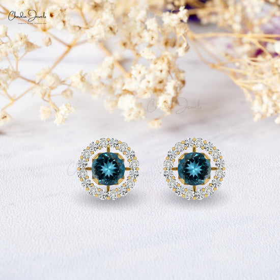 Elegant London Blue Topaz Studs 14k Real Gold Diamond Detachable Earrings 4mm Round Cut Natural Gemstone Birthday Gift Earrings