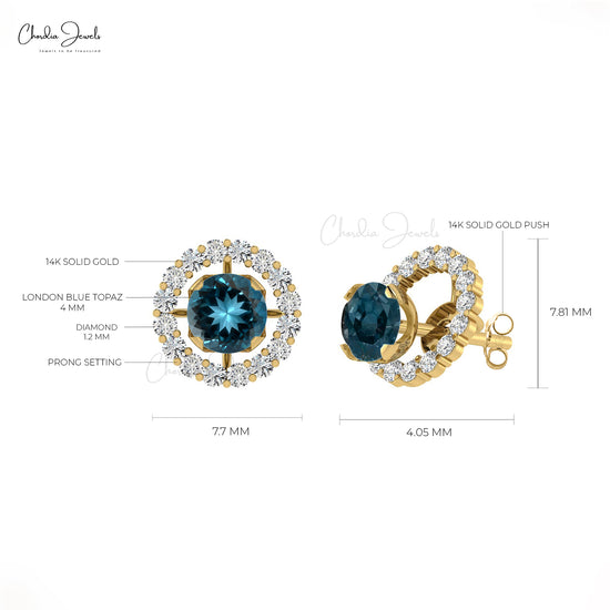 Elegant London Blue Topaz Studs 14k Real Gold Diamond Detachable Earrings 4mm Round Cut Natural Gemstone Birthday Gift Earrings