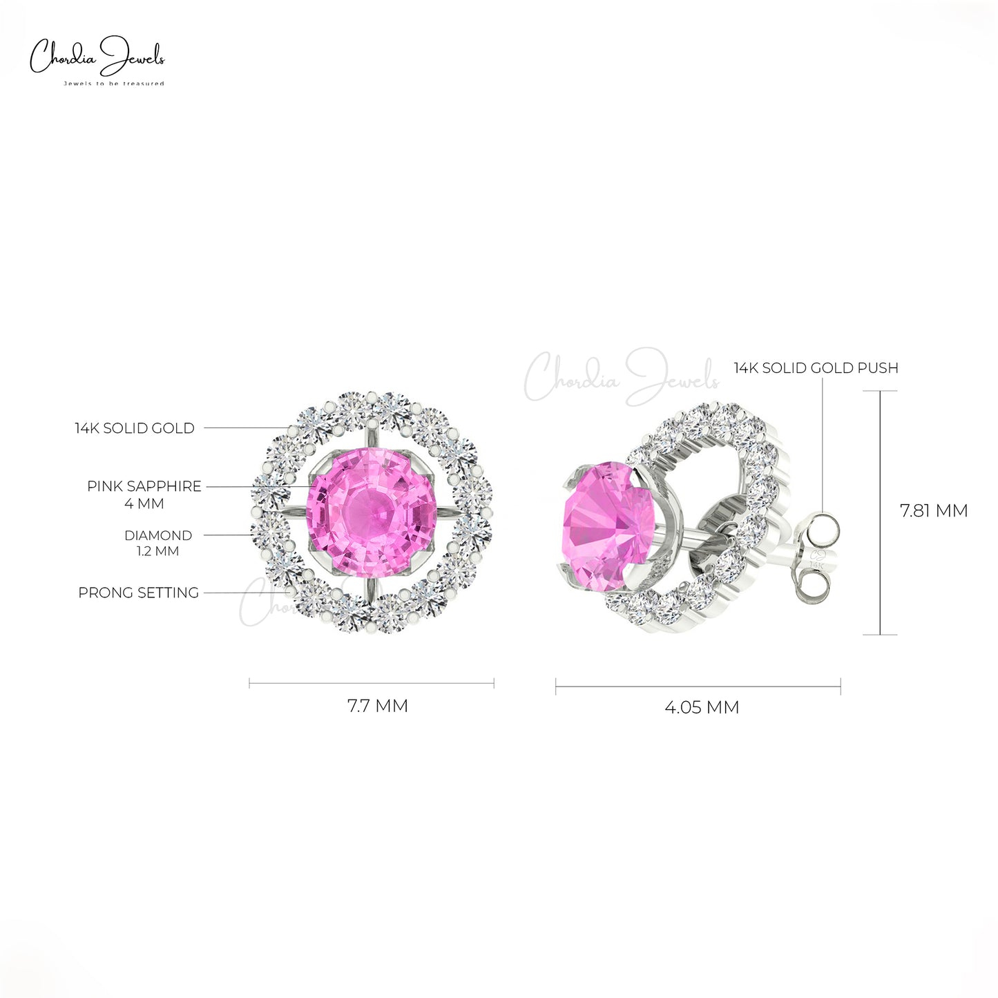 AAA Pink Sapphire Detachable Earrings 14k Real Gold Diamond Halo Studs 4mm Round Cut Natural Gemstone Light Weight Jewelry For Women's