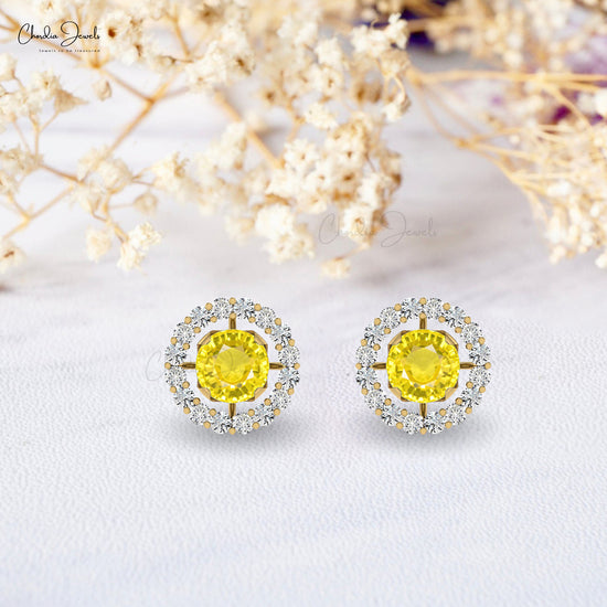 Natural Yellow Sapphire Halo Earrings 0.46Ct Round Gemstone Detachable Earrings 14k Real Gold Diamond Minimalist Jewelry For Bridal