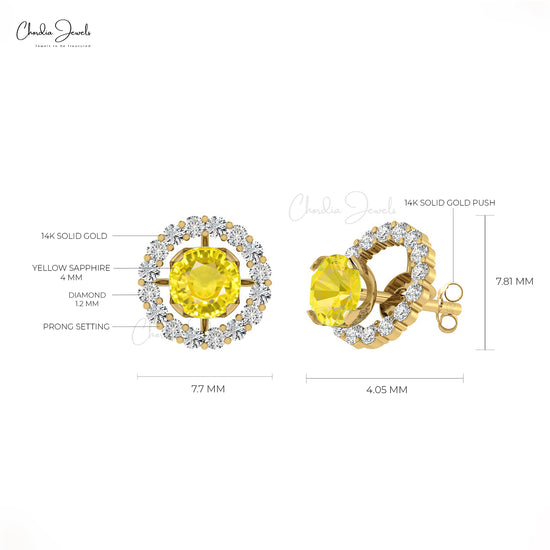 Natural Yellow Sapphire Halo Earrings 0.46Ct Round Gemstone Detachable Earrings 14k Real Gold Diamond Minimalist Jewelry For Bridal