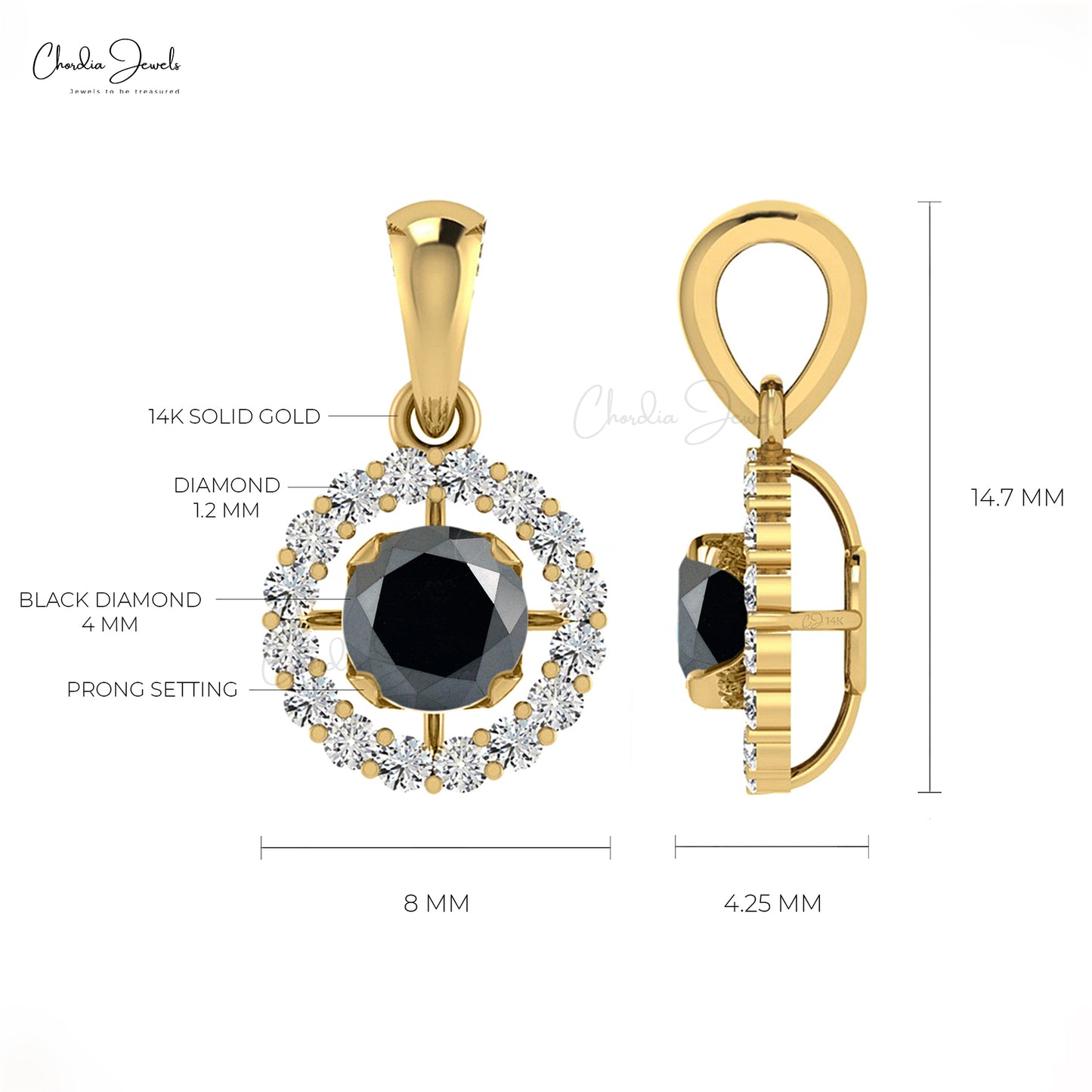 AAA Black Diamond Minimal Charms 14k Real Gold Handmade Halo Pendant 4mm Round Cut Natural Gemstone Hallmarked Summer Jewelry