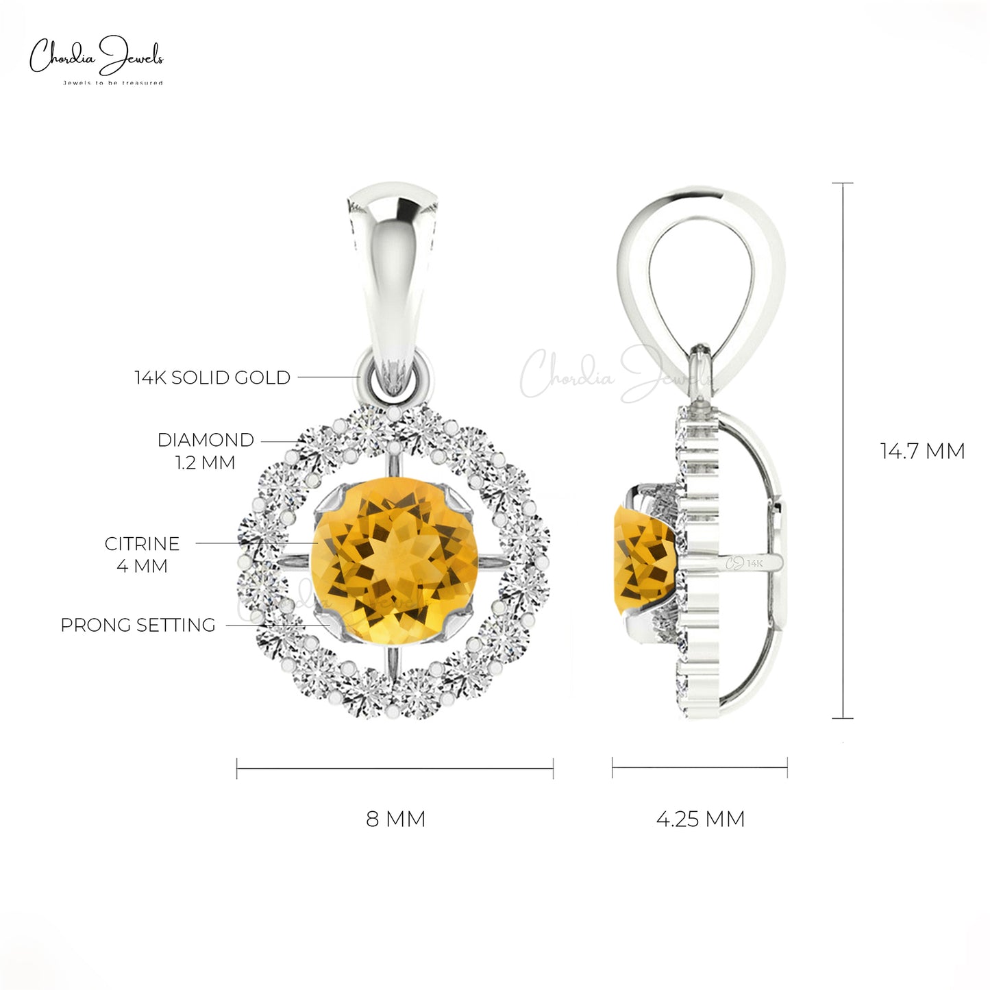 Natural Citrine Halo Pendant 0.25Ct Brilliant Round Cut Gemstone Prong Set Necklace 14k Real Gold Diamond Jewelry For Wedding Gift
