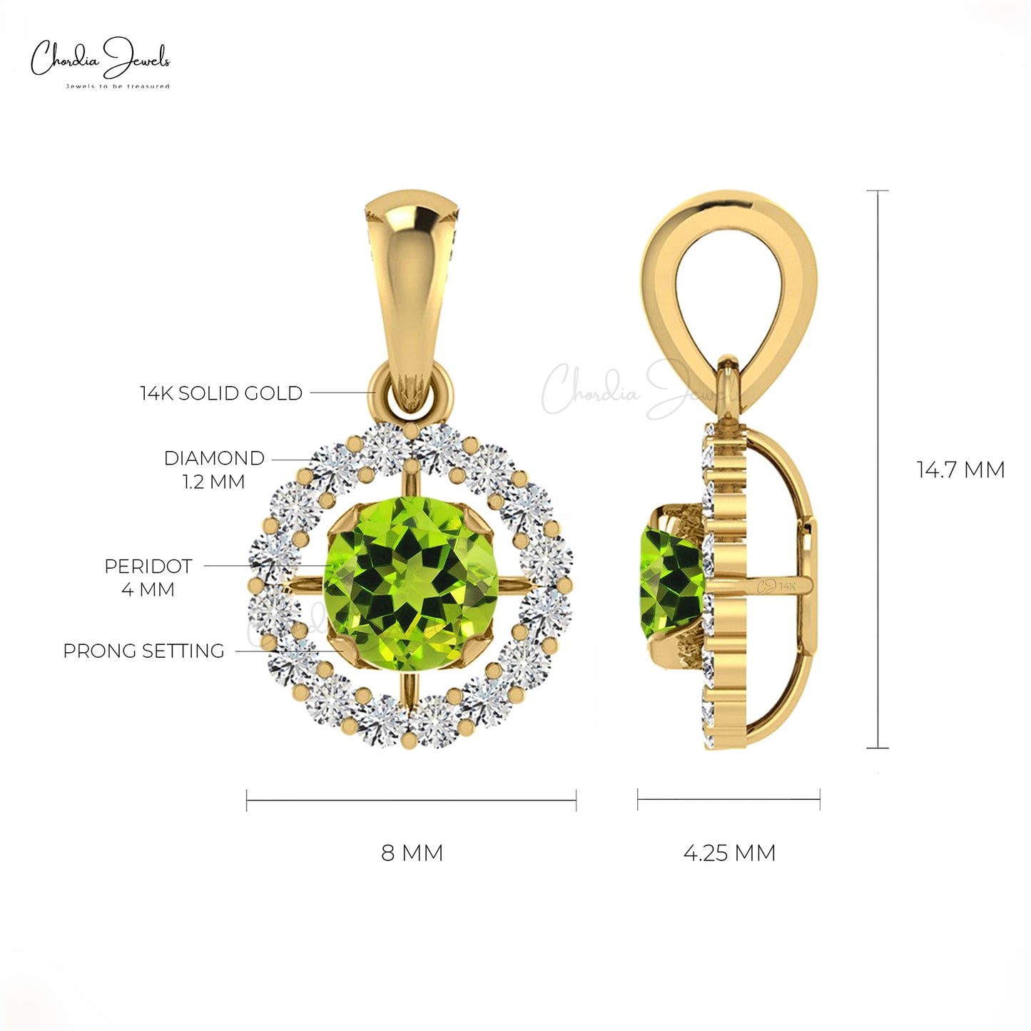 Natural Peridot Halo Pendant 0.25Ct Brilliant Round Cut Handmade Pendant 14k Real Gold G-H Diamond Jewelry Personalized Gift For Her