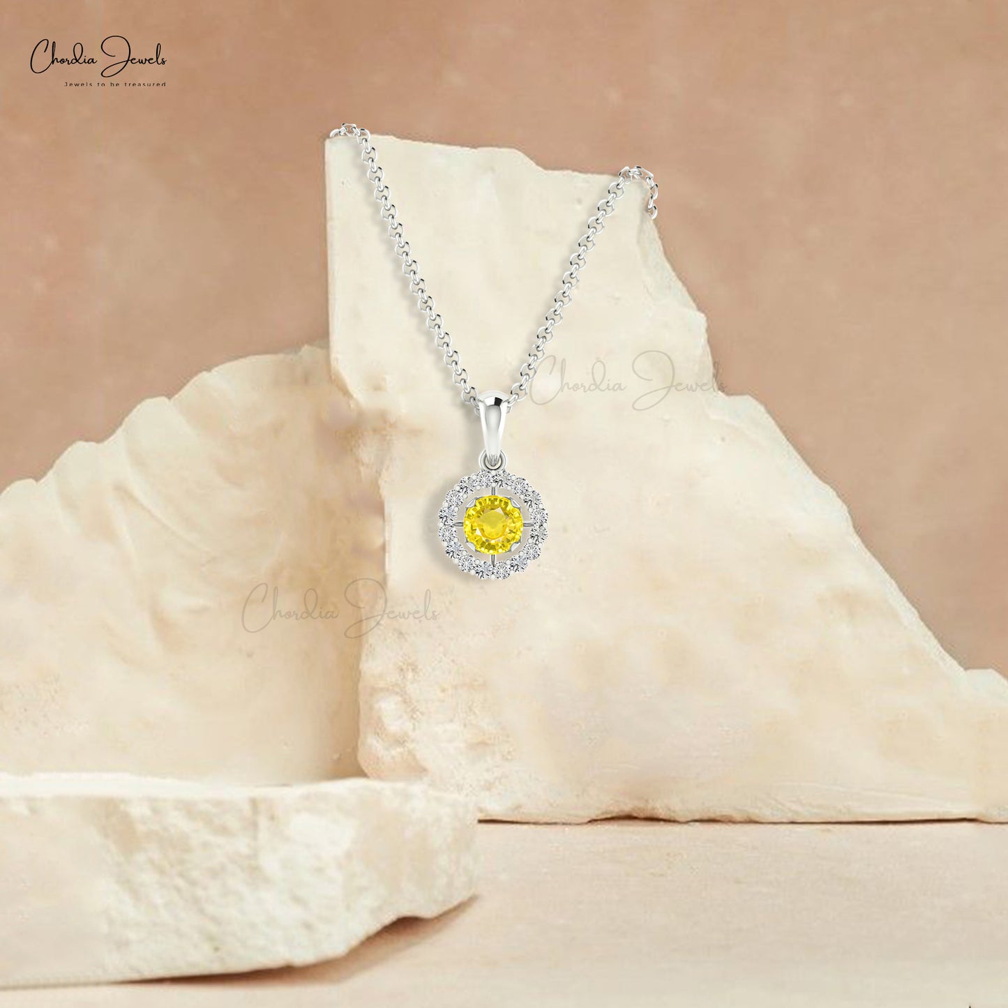 Yellow Sapphire Prong Set Pendant 4mm Round Cut Natural Gemstone Halo Pendant 14k Real Gold White Diamond Minimalist Jewelry For Gift