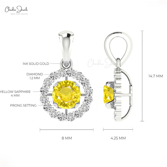 Yellow Sapphire Prong Set Pendant 4mm Round Cut Natural Gemstone Halo Pendant 14k Real Gold White Diamond Minimalist Jewelry For Gift