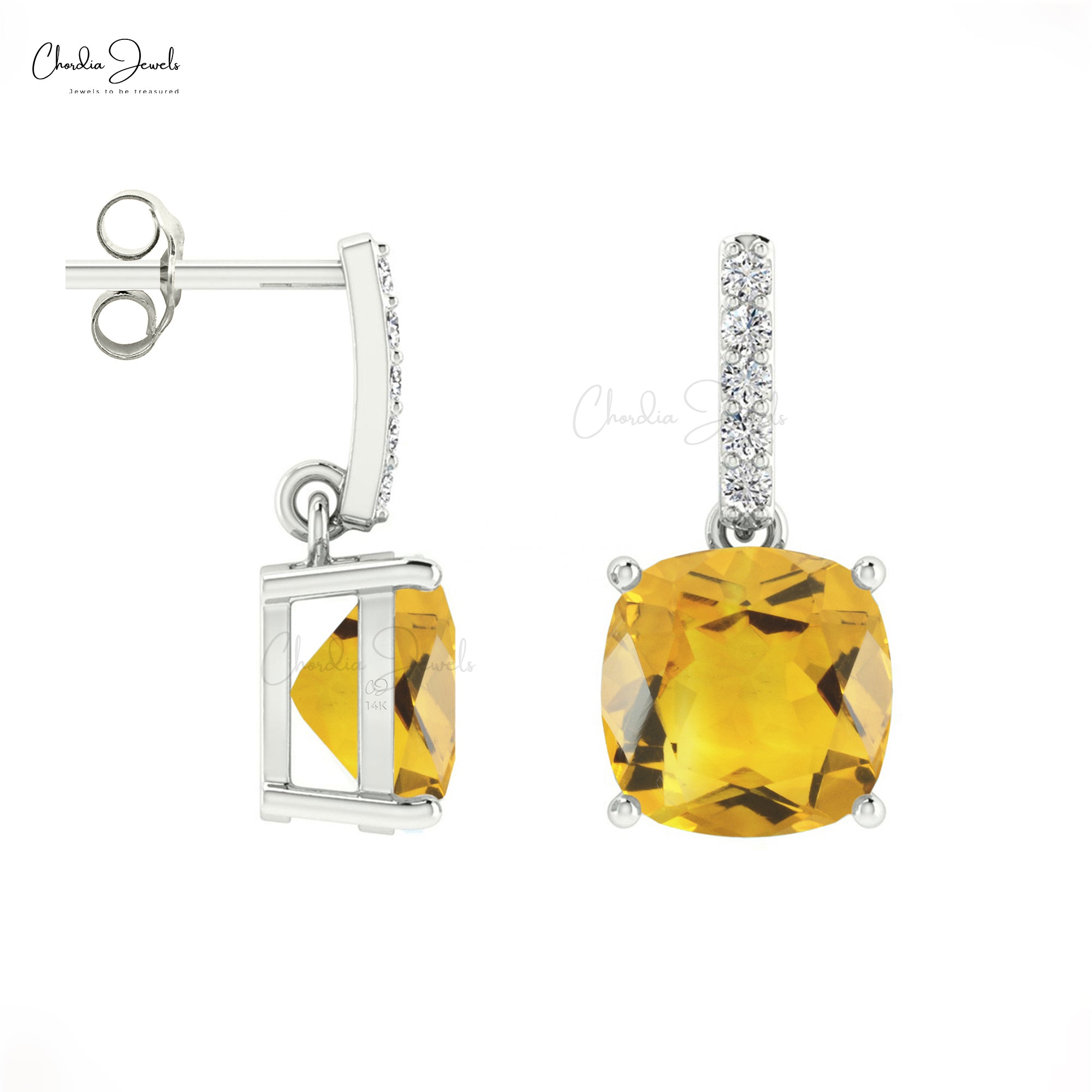 Yellow Citrine Dangle Earrings 6mm Cushion Cut Natural Gemstone Earrings 14k Real Gold G-H Diamond Grace Jewelry For Surprise Gift