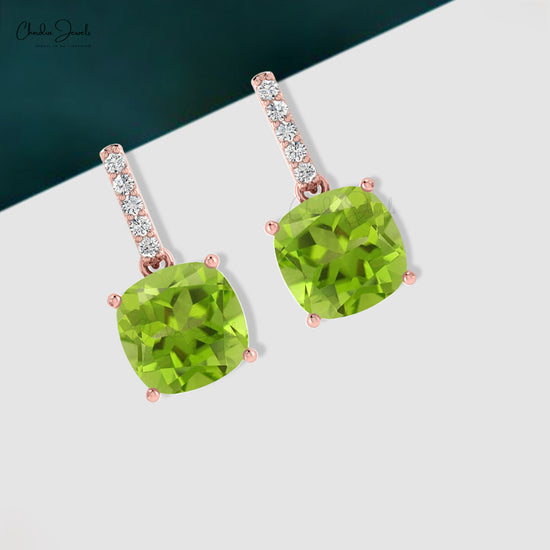 Natural Peridot Prong Set Earrings 1.42Ct Cushion Gemstone Dangling Earring 14k Real Gold Round Diamond Antique Style Jewelry For Bridal