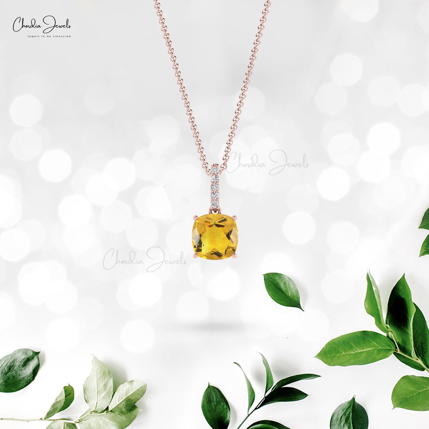 Elegant Citrine Prong Set Pendant 6mm Cushion Cut Natural Gemstone Dangle Pendant 14k Real Gold White Diamond Minimalist Jewelry For Gift