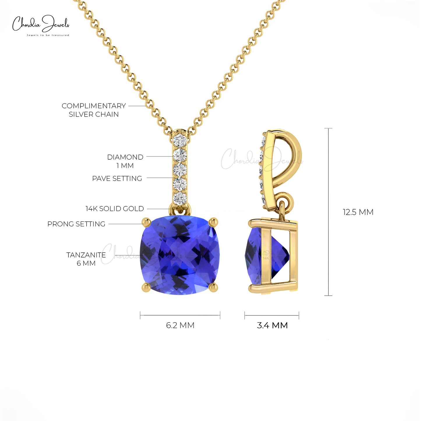 Beautiful Stylish Natural Blue Tanzanite Dangling Pendant Necklace For Women Round Cut White Diamond Pendant 14k Pure Gold Fine Jewelry For Gift