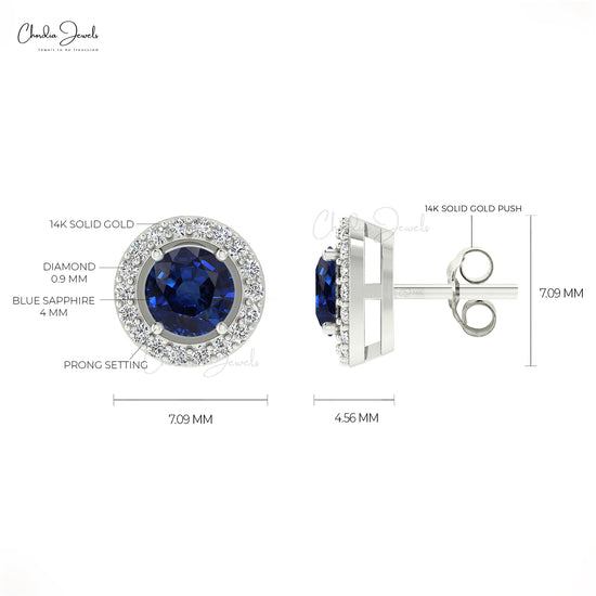 Iconic Blue Sapphire Diamond Earrings 0.46Ct Round Cut Genuine Gemstone Halo Studs 14k Real Gold Art Deco Jewelry For Anniversary Gift