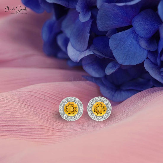 Yellow Citrine Dainty Halo Earrings 4mm Round Cut Gemstone Minimalist Earrings Genuine 14k Real Gold Diamond Hallmarked Jewelry For Women