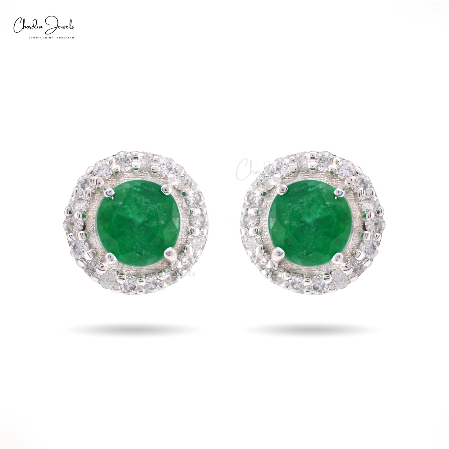 Natural Emerald Stud Earrings With Diamond Halo Solid 14k White Gold Dainty Earrings