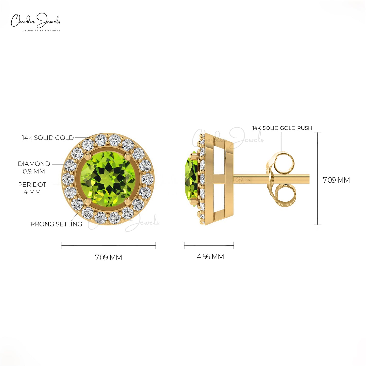 Green Peridot Halo Studs 14k Real Gold Diamond Handmade Earrings 4mm Brilliant Round Cut Natural Gemstone Jewelry For Birthday Gift