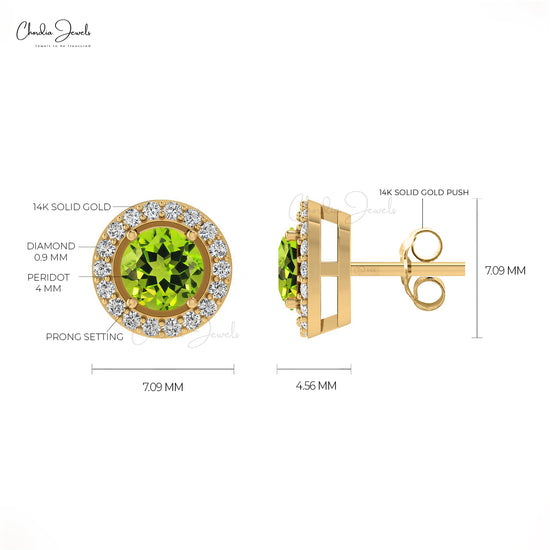 Green Peridot Halo Studs 14k Real Gold Diamond Handmade Earrings 4mm Brilliant Round Cut Natural Gemstone Jewelry For Birthday Gift